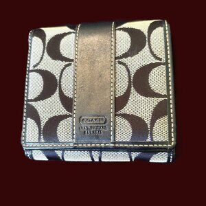 Coach Fold-Over Wallet-Signature Black Logo Canvas with Black leather Trim
